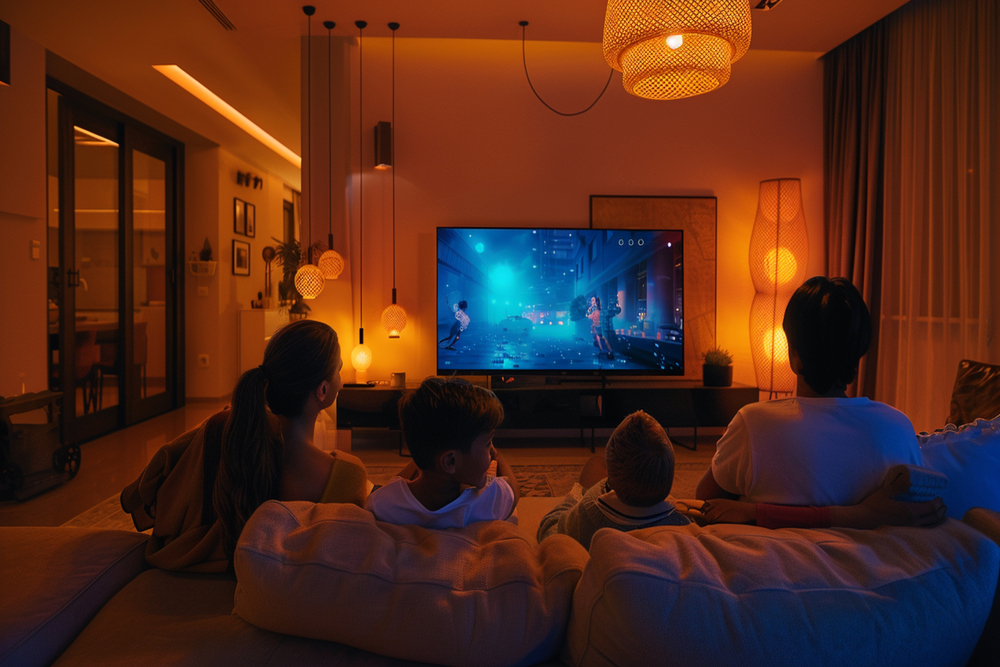 Una familia reunida en un sofá disfruta de una película en su sala de cine en casa, ambientada con una iluminación cálida y moderna, creando una atmósfera íntima y relajante.